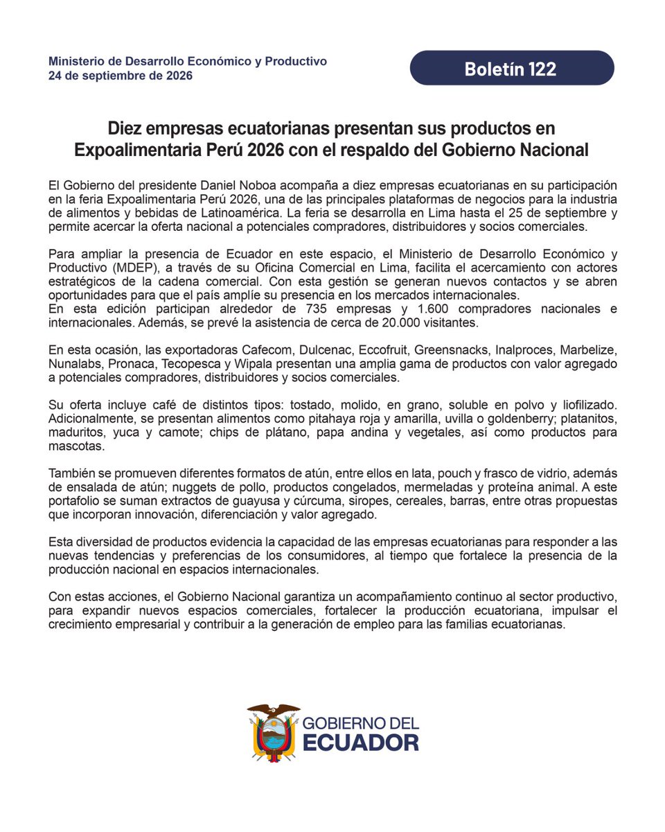 Produccion_Ecu's tweet photo. #Boletín📰| El Gobierno del presidente Daniel Noboa acompaña a 10 empresas ecuatorianas en su participación en la feria @expoalimentaria Perú 2026🇵🇪, una de las principales plataformas de negocios para la industria de alimentos y bebidas de Latinoamérica.

https://t.co/ko5hX9Wtnj https://t.co/B0jimXZ10r