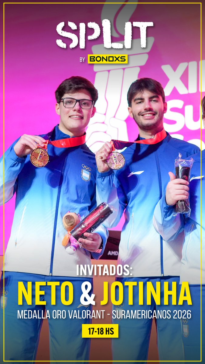 alfonavellaneda's tweet photo. LOS CAMPEONES EN CASA! 🥇🇦🇷

Hoy en SPLIT by @bonoxs_latam y junto con @prin_vlr  recibimos a @jotinhafps  y @NetooFPS , medallistas de oro en los Juegos Suramericanos #SantaFe2026 🎮

Pero ANTES, obvio, veni a repasar lo que paso esta semana en CS y VALO 🫵✨

🕓16 a 18 hs https://t.co/1tZkNAlbkZ