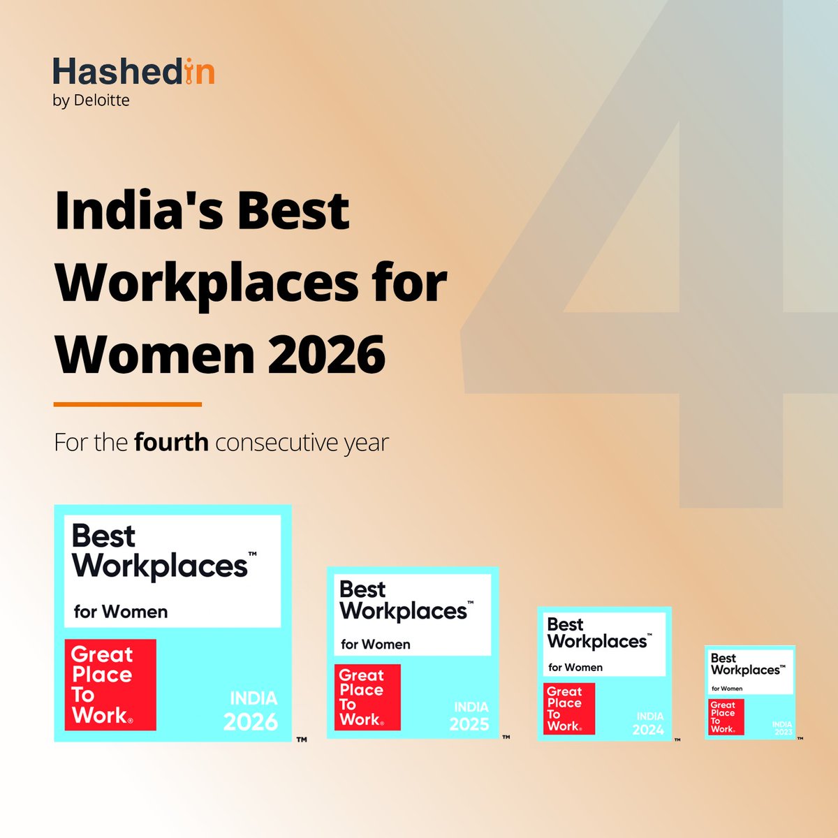 HashedIn's tweet photo. 4 Years. One Commitment. Making HashedIn HasHER’s! 🏆
Thrilled to celebrate our 4th consecutive GPTW for Women win!
Toast to every Hasher who champions women, creates space, and helps them build, lead, and thrive!
#HashedInByDeloitte #WomenInTech #GreatPlaceToWork https://t.co/GpGIx9jUQ2