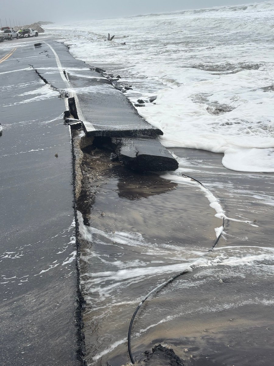 NCDOT_NC12's tweet photo. Our initial assessment of the damaged section of NC12 near the Pea Island Visitor Center indicates about 500' of undermined and/or broken pavement. As a reminder, NC12 is CLOSED between the Basnight Bridge and Rodanthe. Crews will get a better assessment once the water clears. https://t.co/aZ6JX1X4Yn