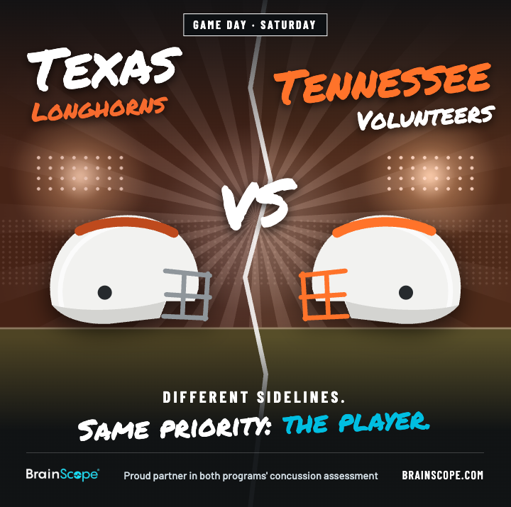 BrainScope's tweet photo. @TexasFootball and @Vol_Football share a priority beyond the score: player health. BrainScope gives medical teams another source of information when evaluating suspected concussions. We're proud these teams are helping move concussion assessment forward. https://t.co/YPSXzqpFha https://t.co/vYEuFSaXwj