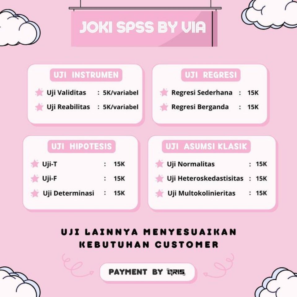 cacouses's tweet photo. OPEN JOKI OLAH DATA KUANTI BAB 4 SPSS

Uji Validitas-Reliabilitas
Regresi sederhana | berganda
UJi Hipotesis, ANOVA, Normalitas

Sudah sering handle bab 4 skripsi
kuanti, bisa manipulasi sampe lolos uji,  inrush langsung dikerjain skrg, Pay diakhir^^

https://t.co/5OOTqjIgXj
kaid https://t.co/71WhNveYIw