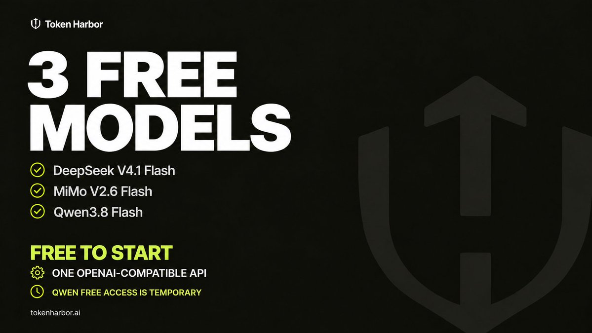 TokenHarborAI's tweet photo. Need a free AI API to start with?

We’ve got three:

MiMo V2.6
DeepSeek V4.1 Flash
Qwen3.8 Flash

Free to start on Token Harbor.