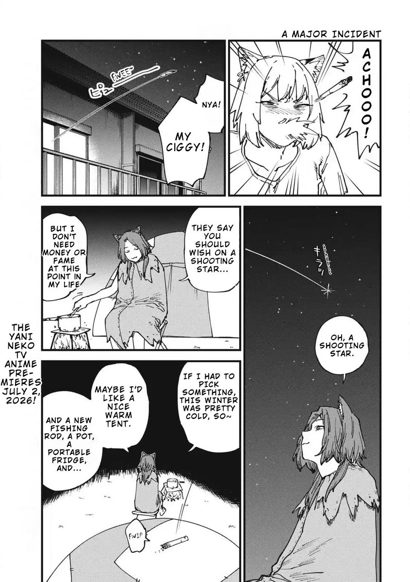 MuhammadTRHasri's tweet photo. Penpen-Neko wished upon a shooting star for a warm tent, and her wish came true way too fast the whole tent burned down from Yani-Neko’s flying cigarette. 🚬🔥⛺🤣

Chainsmoker Cat Chapter 379

#ヤニねこ #yanineko #ChainsmokerCat #ヤクねこ https://t.co/5iB35m1SA6