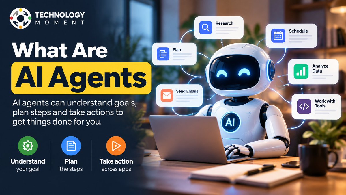 TechMomentHQ's tweet photo. AI Agents are changing how we use AI—moving beyond answers to planning, decision-making, and taking actions across tools and apps. 🤖
🔗 https://t.co/BszyYHDcpU
#AIAgents #ArtificialIntelligence #AI #GenerativeAI #Tech #TechnologyMoment #AITrends #FutureOfAI https://t.co/3lqBj9oEnY