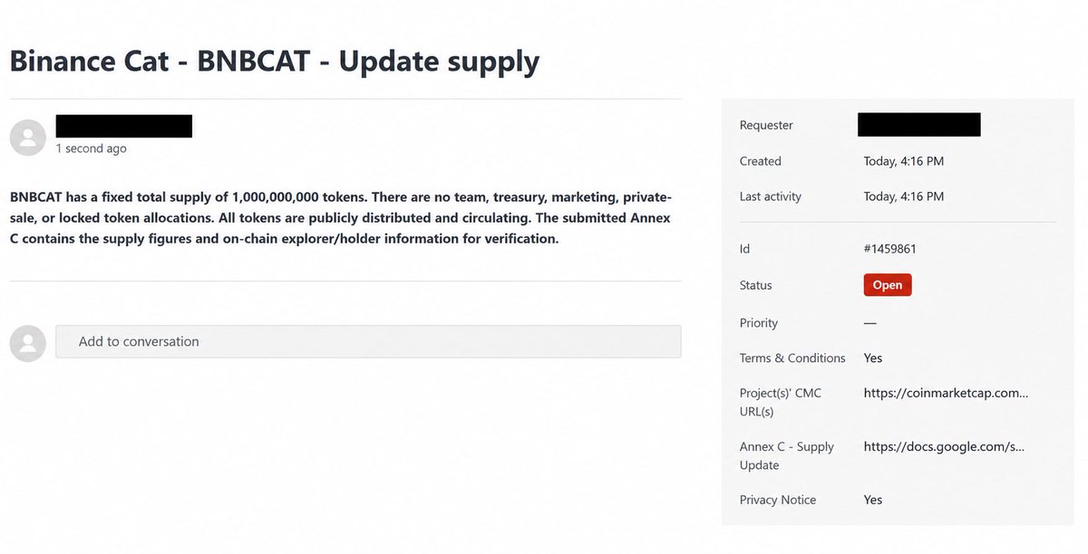 BinanceCat_x's tweet photo. 🚨 BNBCAT SUPPLY UPDATE SUBMITTED

We’ve officially submitted the CMC supply verification request for BNBCAT.

🔹 Total Supply: 1,000,000,000 BNBCAT
🔹 Circulating Supply: 1,000,000,000 BNBCAT
🔹 Max Supply: 1,000,000,000 BNBCAT

Everything is backed by on-chain data and our Annex C Supply Update.

Now we wait for CoinMarketCap’s review. 🐱🟡

Still building. Still pushing. $BNBCAT