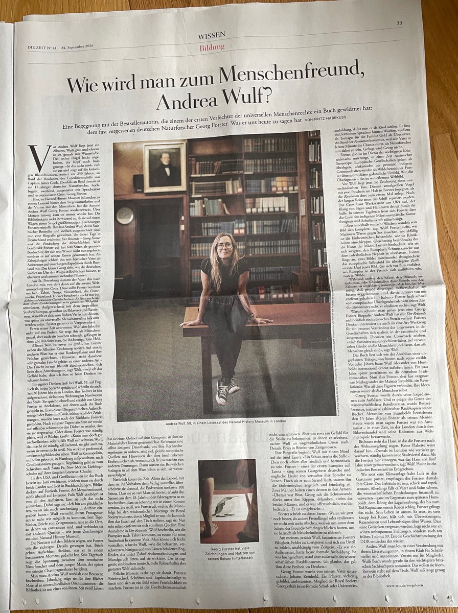 andrea_wulf's tweet photo. Couldn't wish for a better beginning of my German tour and publication of "Der Reisende" (The Traveller). An article in @zeitonline about Georg(e) Forster, my book, my research. It ends in the Academy, our beloved Soho Club, with @walsh_e_patrick and a bottle of red wine. https://t.co/FjVcqoNQYp