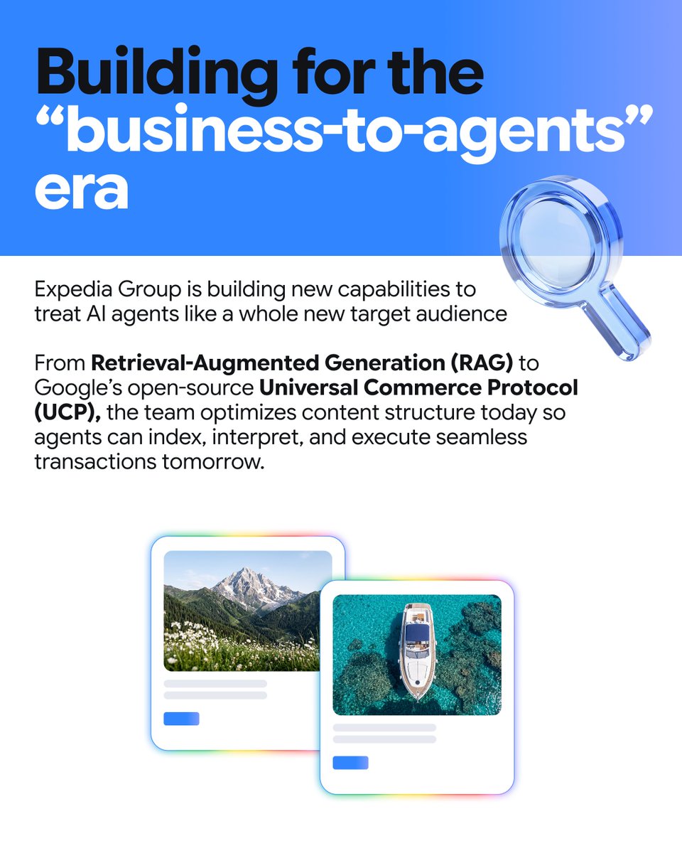 ThinkwithGoogle's tweet photo. Keywords are taking a backseat to conversations. Is your marketing engine built for this shift?

See how @ExpediaGroup broke down legacy silos to build an AI search strategy for the agentic era ⬇️

🔗 Discover how your brand can drive growth by delivering personalization at scale, wherever customer curiosity takes them → https://t.co/ICzgNDDV1L