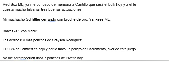 SportsAndBets6's tweet photo. Seguimos.

Y bueno, después me encagaré de echarle un ojo a la NFL, NBA, etc, pero mientras haya MLB seguiré ahí (hasta el domingo porque los playoffs son un monstruo diferente)

Se aceptan likes y esas cosas que llaman interacciones, gracias de antemano. https://t.co/8qODMT4uUE