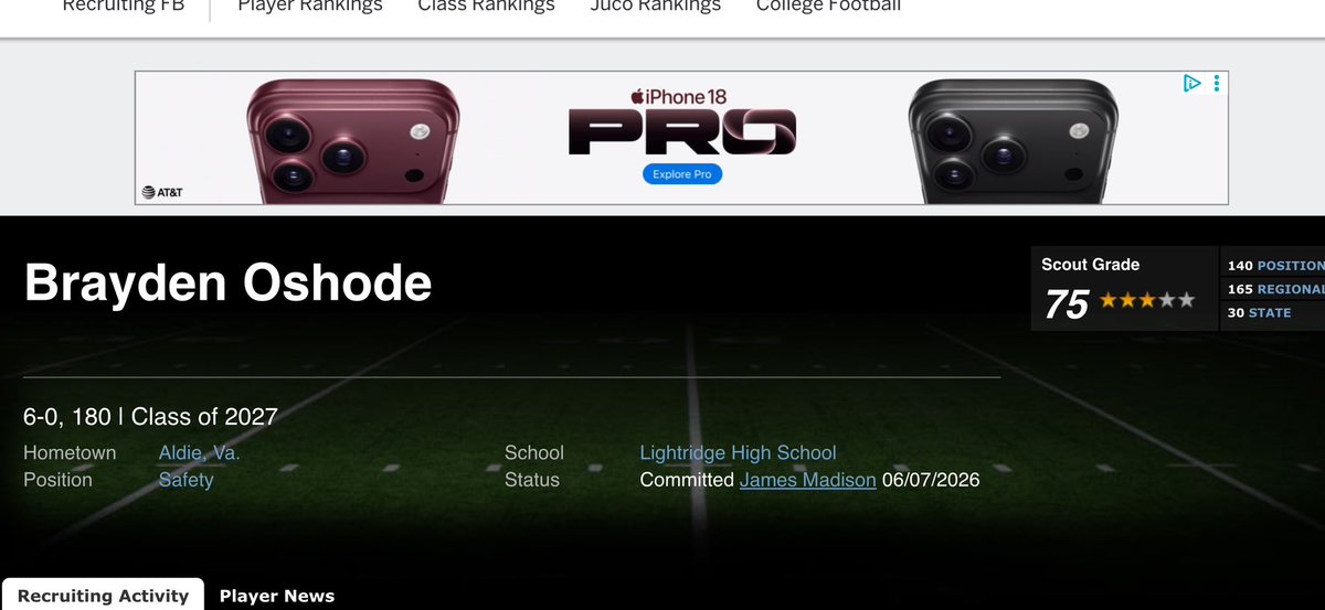 BraydenOshode27's tweet photo. Blessed to be rated a 3 star by ESPN. All glory to god!! @CoachEavensonJr @TheRealCAshby @A1__Performance @coach_bnapier @Coach_BBailey @CoachPlungasJMU @CoachRobertBala https://t.co/wJEw0sDOvj