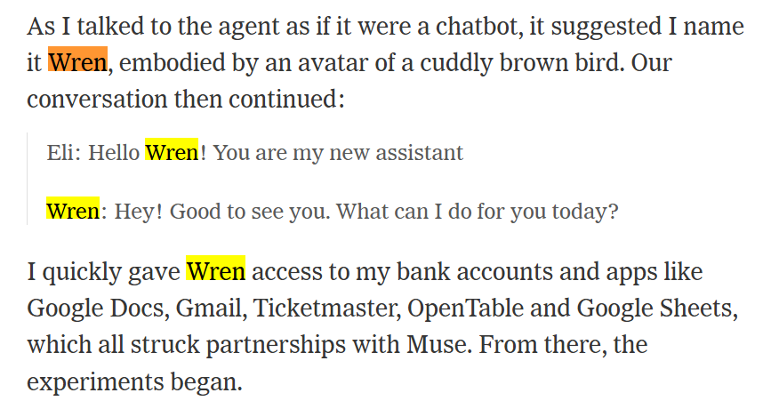 animal's tweet photo. @Horganism There was an article about MUSE, Meta's new AI Agent, in the NYT and the author said that he called his agent Wren as it suggested. It's surprising that it wd want more than one person to call it that name.
https://t.co/nh47pE8sCt https://t.co/p25dToOfqK
