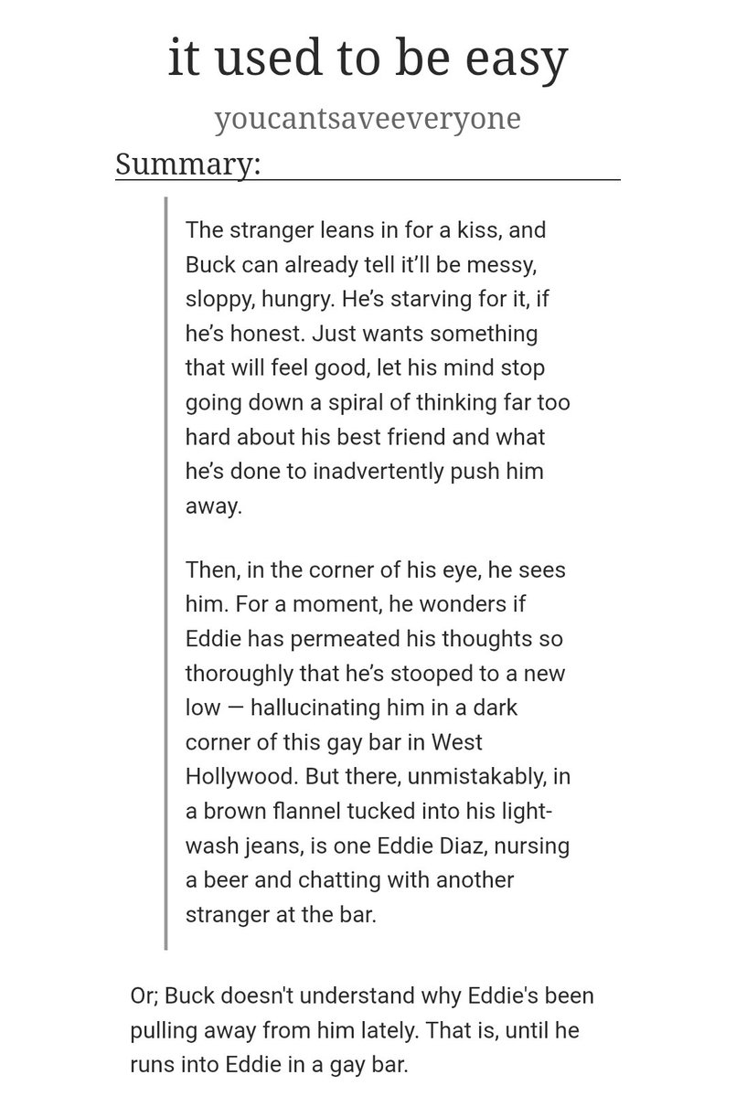 ycse118's tweet photo. it used to be easy (5.1k words)

❧ buddie getting together
❧ (light) angst with a happy ending
❧ "tension and friction"
❧ buck runs into eddie at a gay bar while eddie's being distant and avoiding him

🔗 https://t.co/ZRQIIgiUH3 https://t.co/Unbbrkt0Rc
