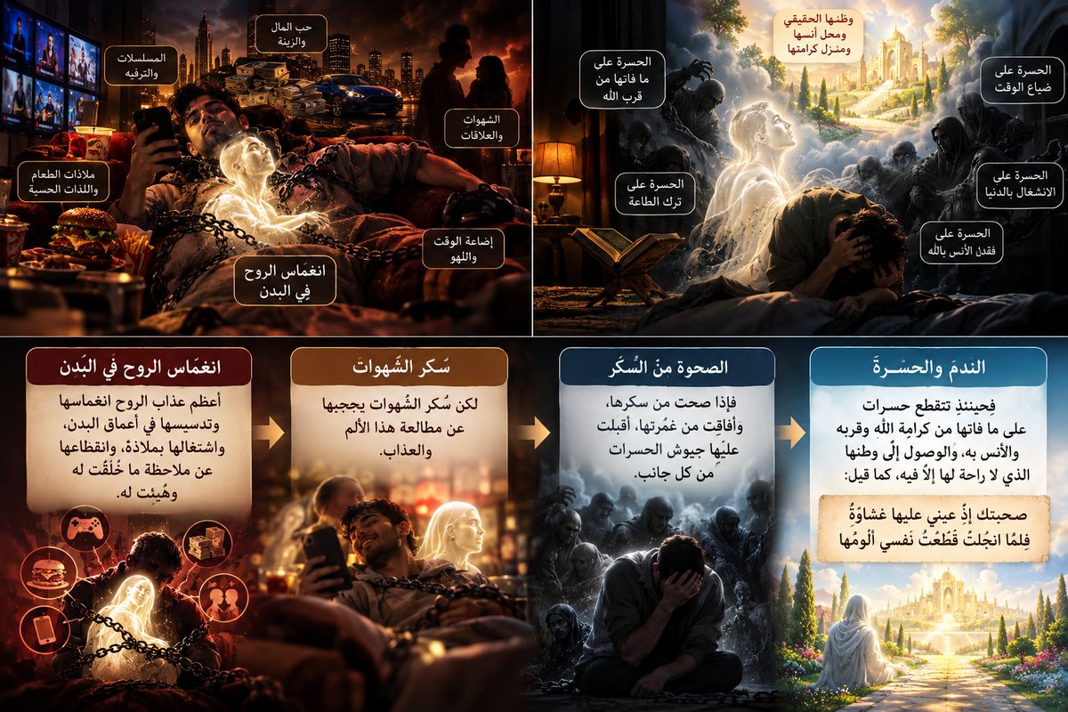 AKBanaja's tweet photo. ابن القيم يقول :
فأعظمُ عذاب الروح انغماسُها وتدسيسُها في أعماق البدن، واشتغالُها بملاذِّه، وانقطاعُها عن ملاحظة ما خُلِقَت له وهُيِّئت له، وعن وطنها ومحلِّ أُنسِها ومنزل كرامتها، ولكنَّ سُكْرَ الشهوات يحجُبها عن مطالعة هذا الألم والعذاب.

فإذا صَحَت من سُكْرها، وأفاقت من غمرتها، أقبلَت عليها جيوشُ الحسرات من كلِّ جانب؛ فحينئذٍ تتقطَّعُ حسراتٍ على ما فاتها من كرامة الله وقربه والأُنس به، والوصول إلى وطنها الذي لا راحة لها إلا فيه، كما قيل:

صَحِبتُك إذْ عيني عليها غشاوةٌ 
 فلمَّا انجلت قَطَّعْتُ نفسي ألومُها

مفتاح دار السعادة (1/423) 📚