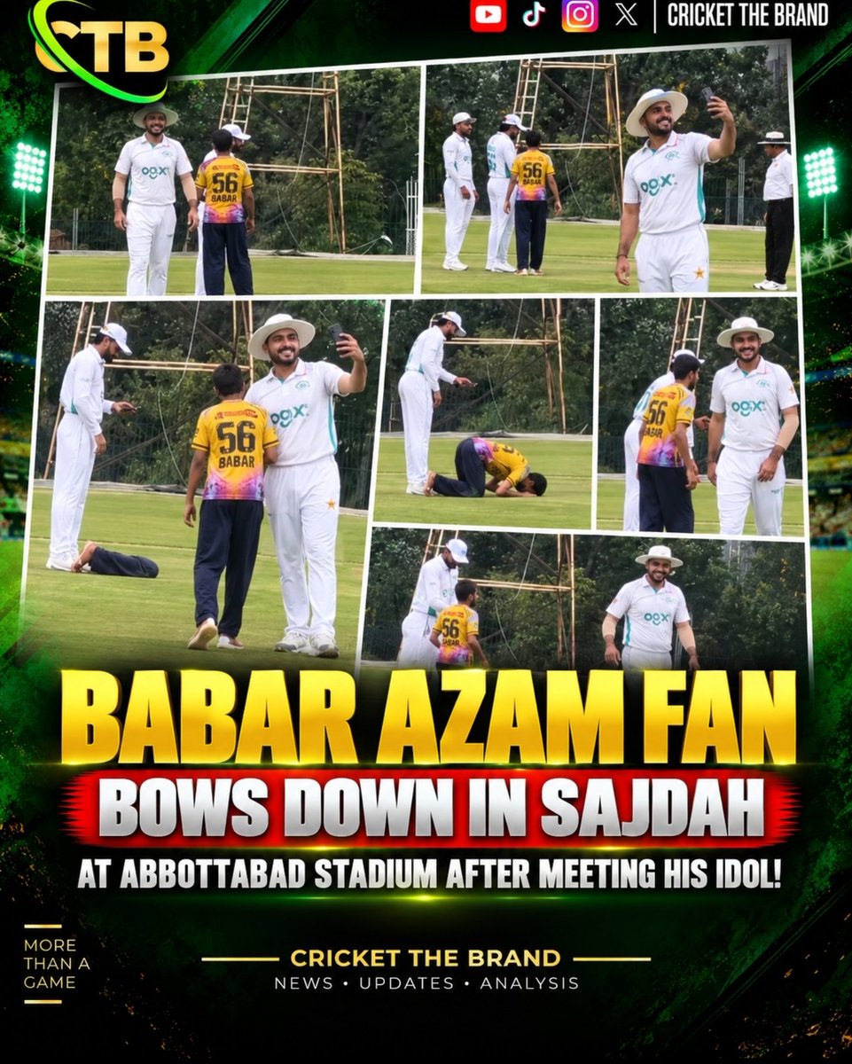 CricketTheBrand's tweet photo. A heartwarming moment in Sajdah! ❤️🏏
A Babar Azam fan meets his idol at Abbottabad Stadium and bows down in celebration. 🇵🇰👑

#BabarAzam #PakistanCricket #Abbottabad #Cricket #CTB https://t.co/k1LOEwbQeR