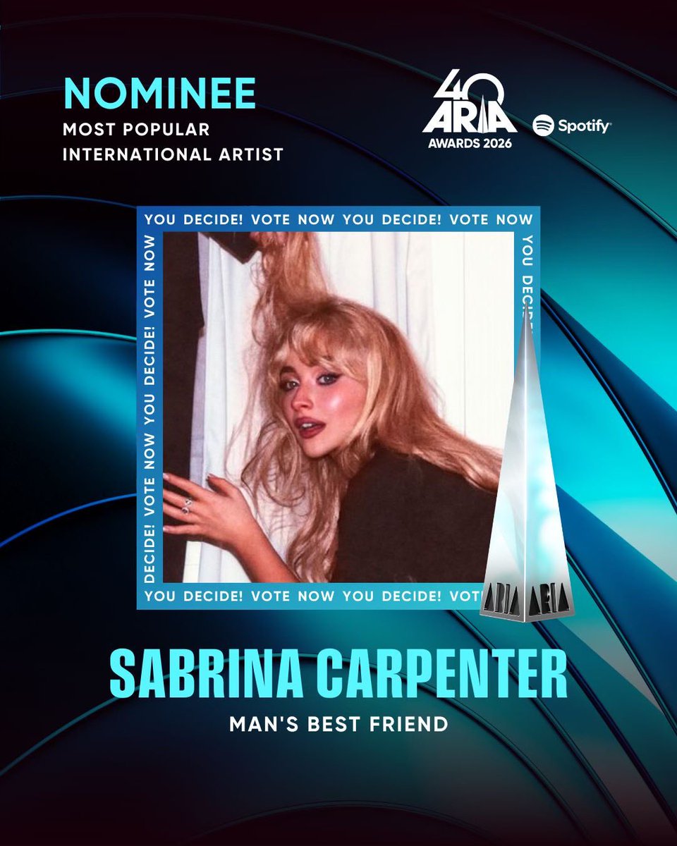 TeamSabrina's tweet photo. oh boy! @SabrinaAnnLynn is nominated for most popular international artist at the #ARIAs ♥️ u can vote once a day at https://t.co/19lTGmIyEP until monday, november 9! https://t.co/GhLr3BVYA8