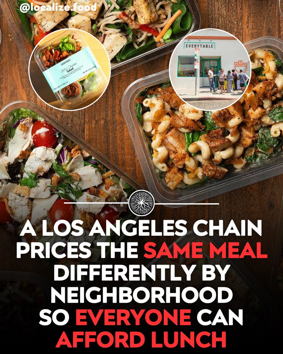 Localizefoodapp's tweet photo. A Los Angeles chain built one menu where your zip code sets the price of lunch.

Everytable prices the same healthy bowl differently based on the income around each store.

Locations in higher income areas intentionally charge more to subsidize the lower prices nearby.

The model was built to bring real meals into neighborhoods used to fast food and empty shelves.

Real food priced for people, not zip codes, is on Localize.
Sources: Nation's Restaurant News, Restaurant Business