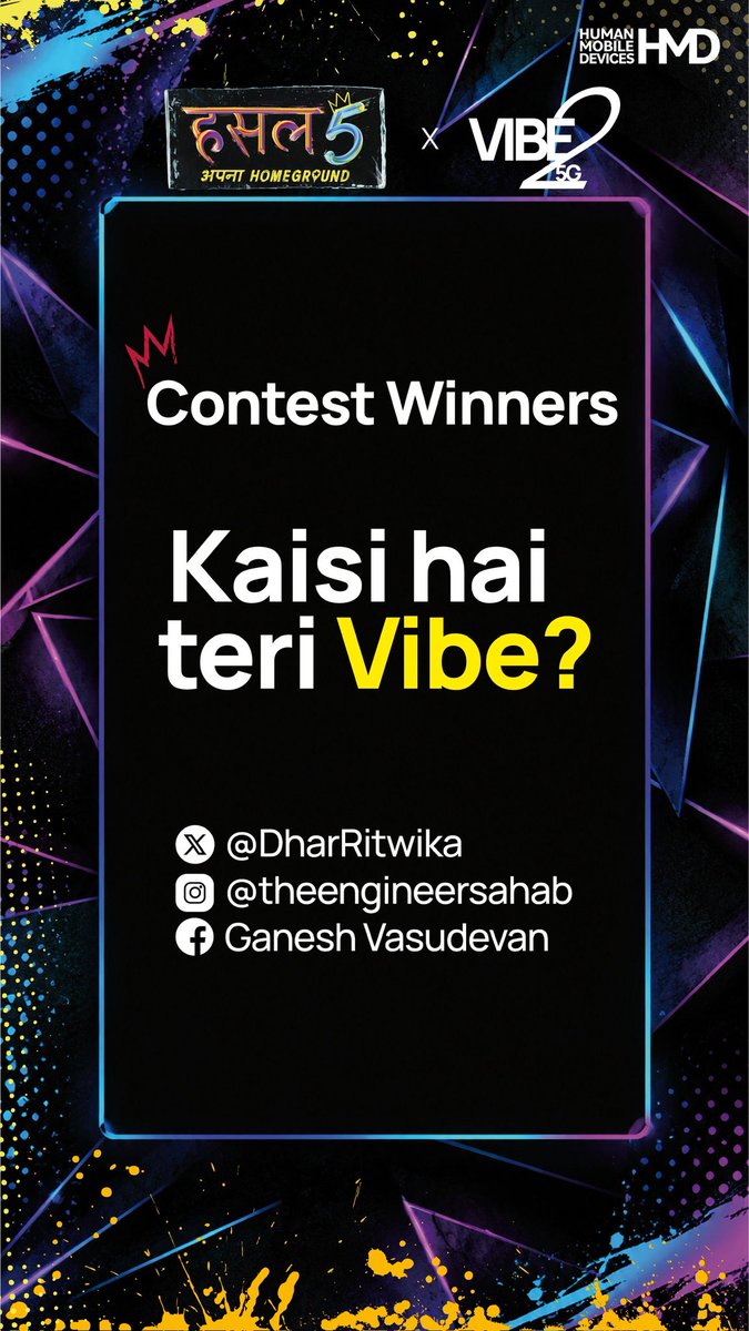 HMDdevicesIN's tweet photo. Congratulations to the Winners of “Kaisi Hai Teri Vibe” contest.

#Hustle5 #HMDVibe2 #Vibe2 #HMD #HMDIndia

(Your vibe, personality, squad energy, everyday moments, good vibes, HMD Vibe2) https://t.co/TxDIhKadGC