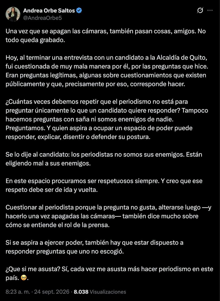 ecuainm_oficial's tweet photo. ‼️#URGENTE
La periodista Andrea Orbe denunció que, tras finalizar una entrevista con el candidato a la Alcaldía de Quito, Wilson  Merino, fue increpada por él debido a las preguntas que realizó. Orbe sostuvo que se trató de cuestionamientos legítimos y afirmó que el episodio ocurrió una vez apagadas las cámaras
DG