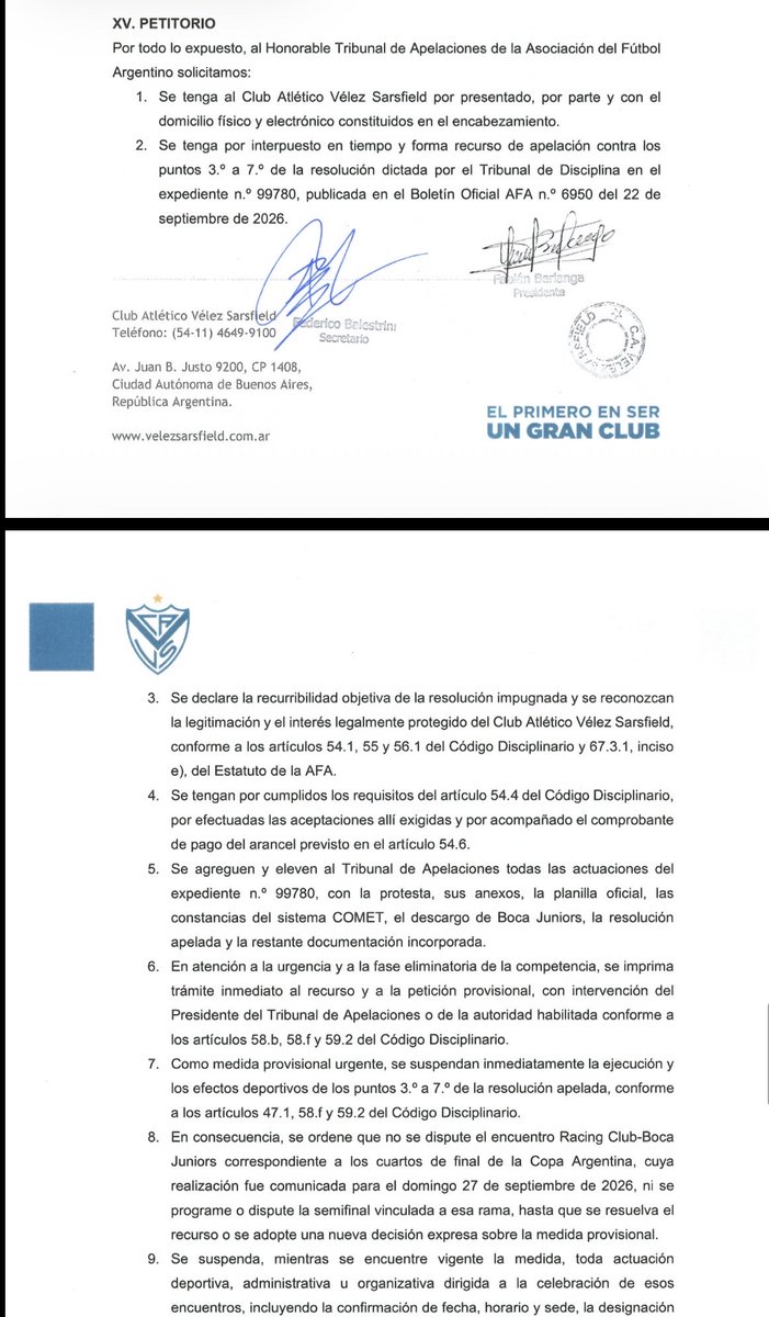 GerGarciaGrova's tweet photo. 🚨{OFICIAL} #Velez acaba de presentar la apelación en AFA. 

📌Pide la SUSPENSIÓN de #Racing - #Boca

📍En los documentos ratifica todo lo anticipado hace 12hs de manera exclusiva https://t.co/FRZ30QQfm9