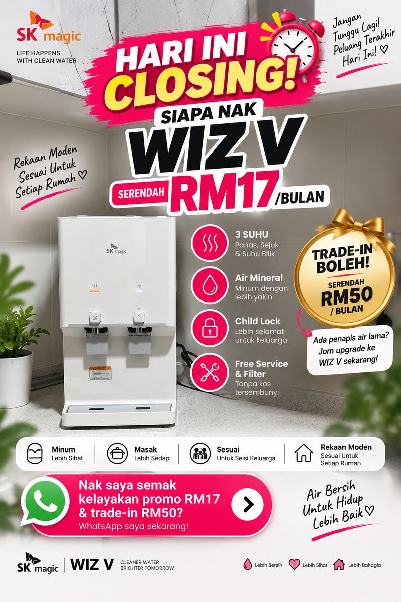 fzra__'s tweet photo. 🚨 LAST CALL WIZ V RM17 🚨

Hari ni saya closing promo.
Kalau memang dah lama nak pasang penapis air tapi asyik tangguh sebab fikir komitmen — sekarang masa untuk semak dulu.

♻️ Ada unit lama? Trade-in boleh semak.
💰 Nak promo RM17? Boleh semak kelayakan. https://t.co/0KEztevrRr