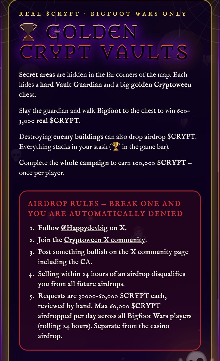 Happydevbig's tweet photo. Next announcement is…. 

The new game now can reward real $CRYPT airdrops by finding secret areas on the map and destroying enemy buildings 300-1500 can drop throughout the levels the more you play the more you collect then once you have minimum 30,000 $CRYPT you apply for an AirDrop on the website up to a maximum of 60000 $CRYPT per day. But wait, that’s not all! Complete the entire campaign and win 100000 $CRYPT token airdrop! The campaign win is only one per player! Have fun and I hope you enjoy my game BIGFOOT WARS live now on the website