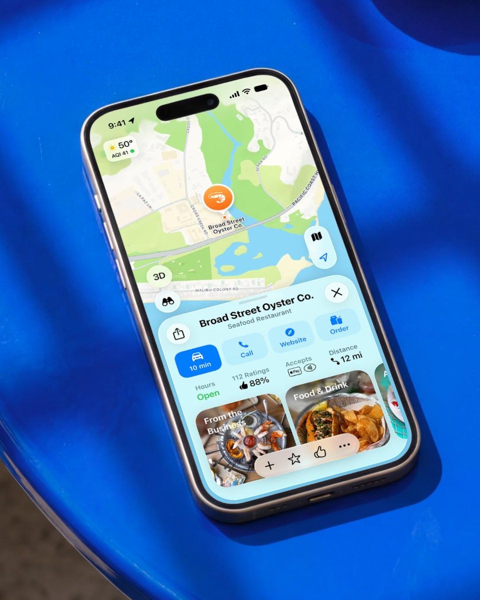 An iPhone displaying a restaurant listing in Apple Maps.