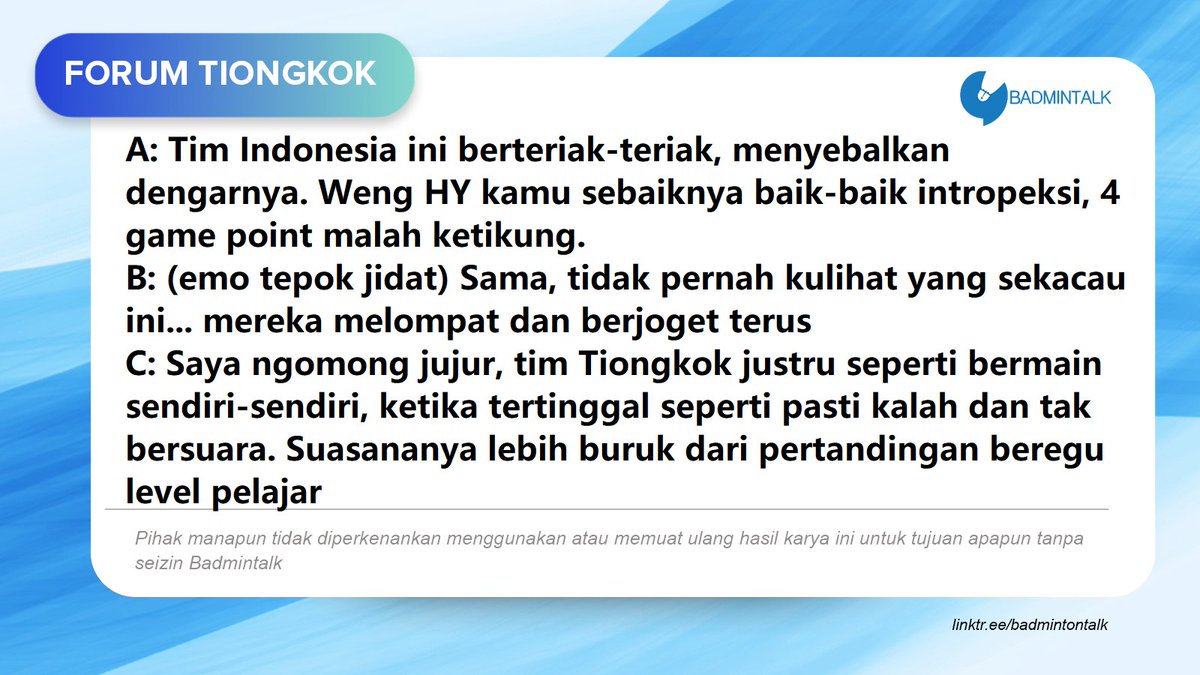 BadmintonTalk's tweet photo. Seperti biasa, ada yang tidak senang dengan teriakan tim Indonesia :hehe #ForumTiongkok https://t.co/aNFUU4k7SG