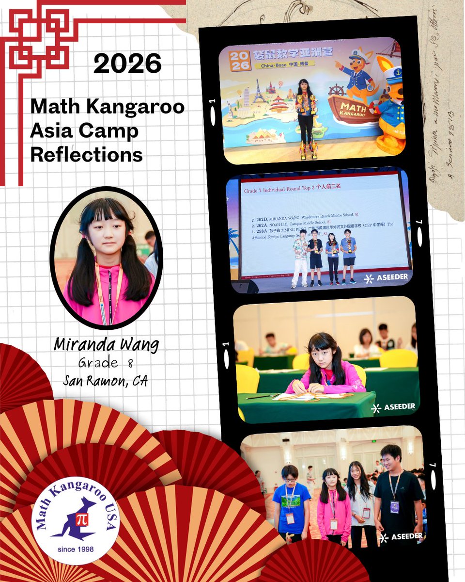 UsaKangaroo's tweet photo. #ThrowbackThursday to an incredible summer at Math Kangaroo Asia Camp 2026 in Boao! 
Honored to take home 2nd Place Individual &amp; Overall 1st Place with an amazing team! 🏆
Huge thanks to @UsaKangaroo for bringing math lovers together! 🧠💡
— Miranda Wang
#TBT #MathKangaroo #STEM https://t.co/TY4riXkdkW