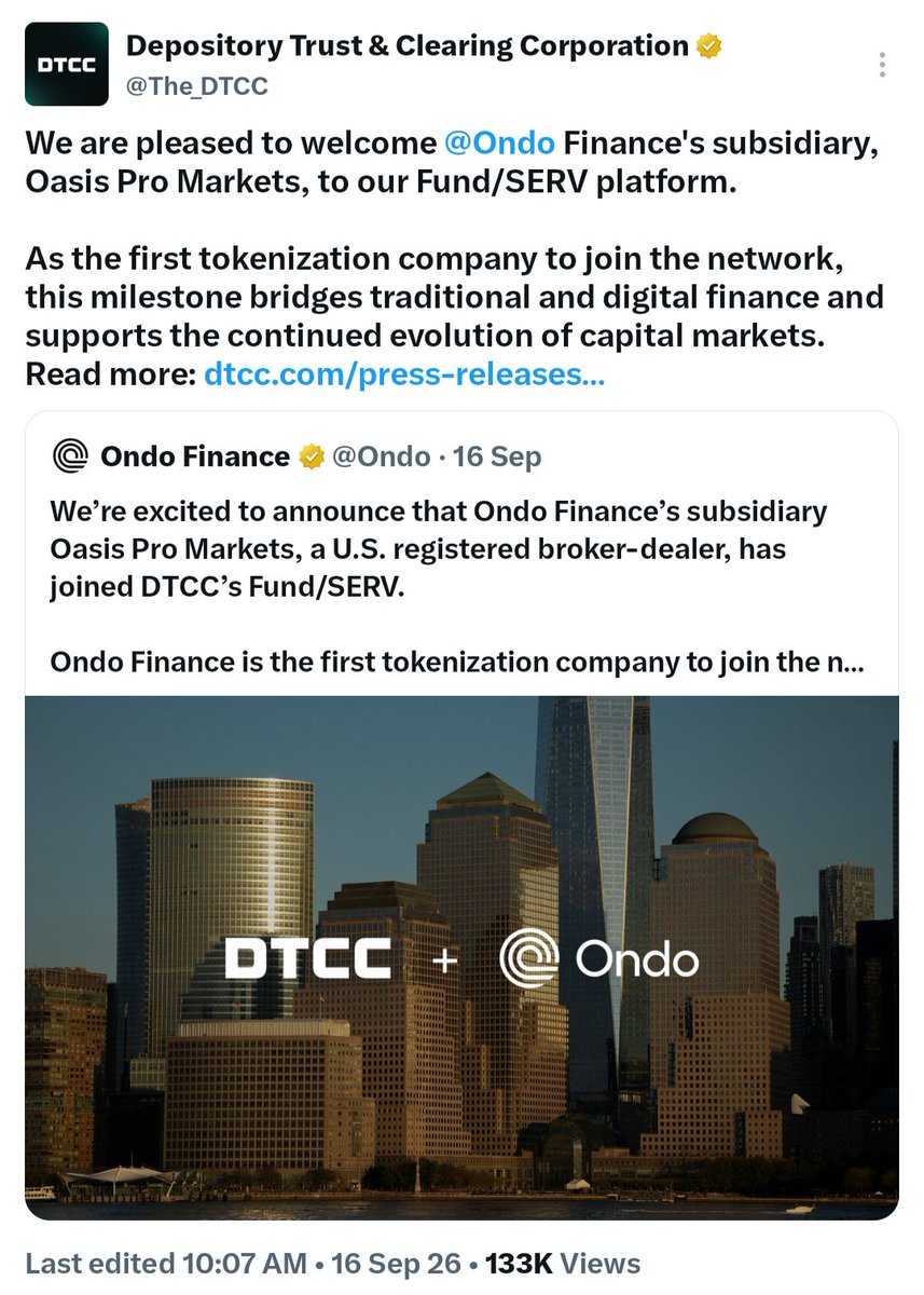 StephanieStarrC's tweet photo. 💥How Ondo, BlackRock, Ripple & DTCC All Connect 💥

👀 OKAY… THIS is where all these announcements start connecting. People keep looking at each partnership like it’s an isolated headline. It’s NOT. 😳

Look at the stack being built in front of us....
BLACKROCK ➡️ ONDO ➡️RIPPLE/XRPL ➡️ DTCC
Follow me here…
🏦 BLACKROCK
BlackRock is now designing actual investment strategies for Ondo’s new “Intelligent Portfolios” which are baskets of stocks, bonds, Bitcoin exposure and other assets that can be represented by ONE tokenized portfolio. So, BlackRock helps design the investment product.
⬇️
🔵 ONDO
Ondo takes traditional financial assets and brings them ONCHAIN. Instead of blockchain only representing one Treasury or one stock…
Now we're talking about entire professionally managed portfolios being tokenized, rebalanced and transferred digitally.
⬇️
🌐 RIPPLE / XRPL
Earlier this year, Ondo + Ripple + J.P. Morgan’s Kinexys + Mastercard completed a real cross-border redemption involving Ondo’s tokenized U.S. Treasury product. Ondos OUSG is available on the XRP Ledger as of Jan 2025, and that project demonstrated how tokenized assets can move between blockchain networks and traditional banking infrastructure. THIS is the settlement/liquidity side of the equation.
⬇️
🏛️ DTCC
Then on Sept. 16…
Ondo’s subsidiary Oasis Pro Markets became the FIRST tokenization company to join DTCC’s Fund/SERV network. Fund/SERV sits inside the operational plumbing of the U.S. fund industry and handles more than 85% of U.S. mutual fund activity. That means Ondo isn't just building crypto products outside Wall Street anymore…
They are connecting tokenized finance DIRECTLY into Wall Street's existing infrastructure. 🤯

And now DTCC's much broader tokenization initiative is expected to move into its next major phase in October. Do you see it yet???
✅BlackRock creates the strategy.
✅Ondo tokenizes the assets.
✅Blockchain rails like XRPL demonstrate how those assets can move and settle.
✅DTCC connects that tokenized world to the existing U.S. financial system.
THIS is what "Wall Street moving onchain" actually looks like.
Not one giant switch being flipped overnight…
It's the infrastructure being connected piece by piece. All merging into ONE financial ecosystem.
And we are literally watching it happen in real time. 👀🔥
#ONDO #BlackRock #Ripple #XRP #XRPL #DTCC #RWA #Tokenization #Crypto #DigitalAssets