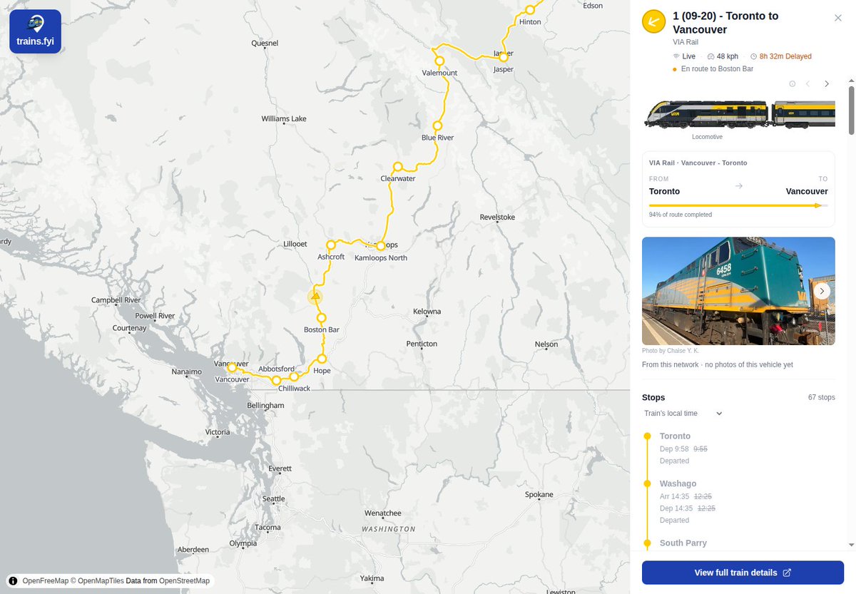 trainsfyi's tweet photo. Today's most delayed train on https://t.co/MnhEhApvpZ is VIA Rail 1 (09-20) from Toronto to Vancouver. It is reported 8h 32m late, yet again topping the list. 🚆⏰ #trainsfyi #trains #VIARail #Toronto
https://t.co/izAIww7cyJ https://t.co/bFGRxjCpe4