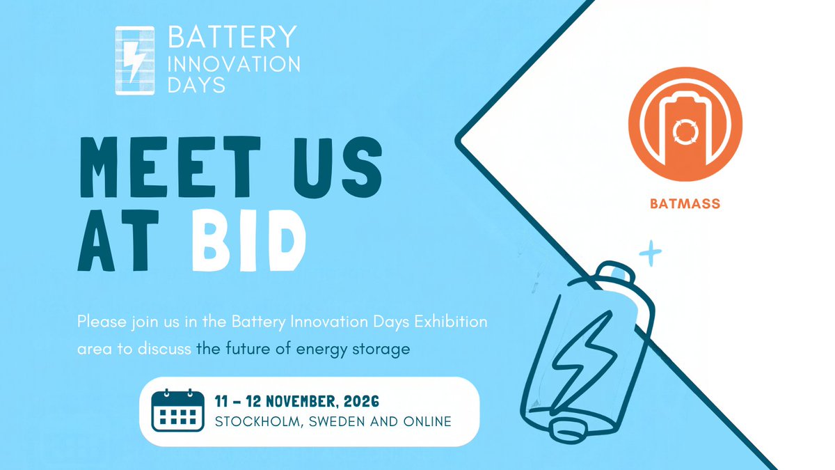 BATMASS_EU's tweet photo. 🟠BATMASS is heading to #BatteryInnovationDays 2026! 🔋
📅 11–12 November
📍 Stockholm, Sweden
Visit our stand and discover how #BATMASS is advancing battery recycling, second-life solutions and Europe’s Circular Battery Valley.
🔗https://t.co/ixnVAVAOmo
#BatteryRecycling #CircularEconomy