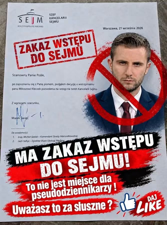 szymapajo's tweet photo. Przedstawiciel szczujni Republika z zakazem wstępu do Sejmu!
Uważasz to za słuszne? https://t.co/S1vV4qRl3p