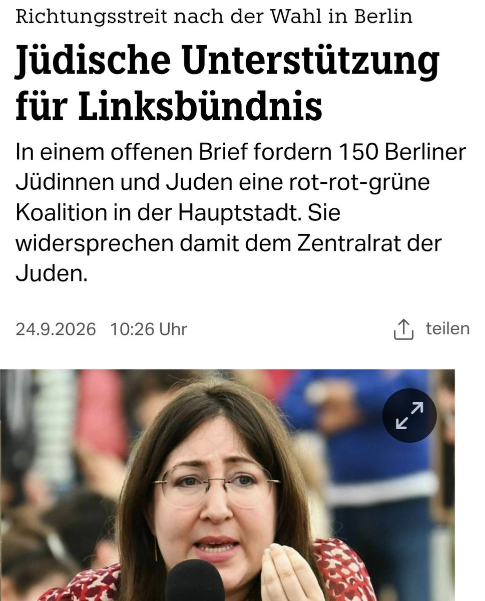 NewsZapper's tweet photo. #ltw #LinkeSieg #Jews
Richtungsstreit nach der Wahl in Berlin
Jüdische Unterstützung für Linksbündnis.
In einem offenen Brief fordern 150 Berliner..Juden eine rot-rot-grüne Koalition in der Hauptstadt.
Sie widersprechen damit dem Zentralrat der Juden
https://t.co/fms3Bi5wcB https://t.co/UZNeAS7gIc