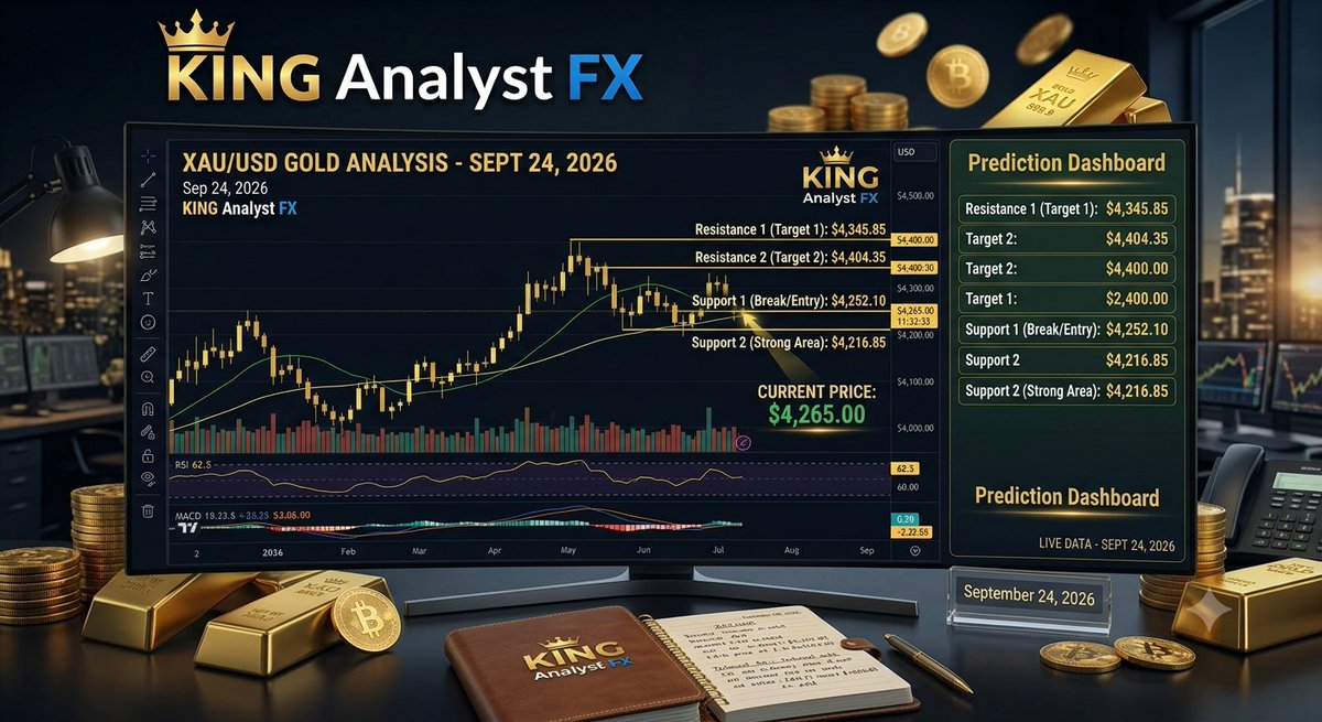MHD_News1's tweet photo. 📊 XAU/USD GOLD ANALYSIS — SEPT 24, 2026 🥇
Gold is currently trading around $4,265, with price holding above the key support zone.
🎯 Targets:
$4,345.85 → $4,404.35
🛡️ Key Supports:
$4,252.10 → $4,216.85
The market is at a critical level — watch the reaction around support before the next major move.
Trade the levels. Manage your risk. Stay disciplined. 👑📈