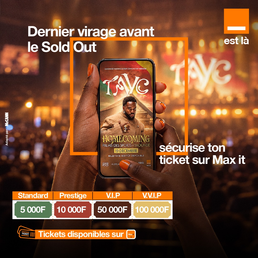 Orange_Cameroun's tweet photo. Tayc au Mboa : alerte SOLD OUT ! 🚨

Rdv le 19 décembre au PAPOSY pour le show TAYC Homecoming ! 🎤
✨Sécurise vite ta place sur l'appli Max it ➔ Plaza > Tickets !

📲 Prends ton ticket ici : https://t.co/59WquYiEpb

#OrangeEstLà #TaycAuMboa #Maxit https://t.co/OeCIf8PJlE