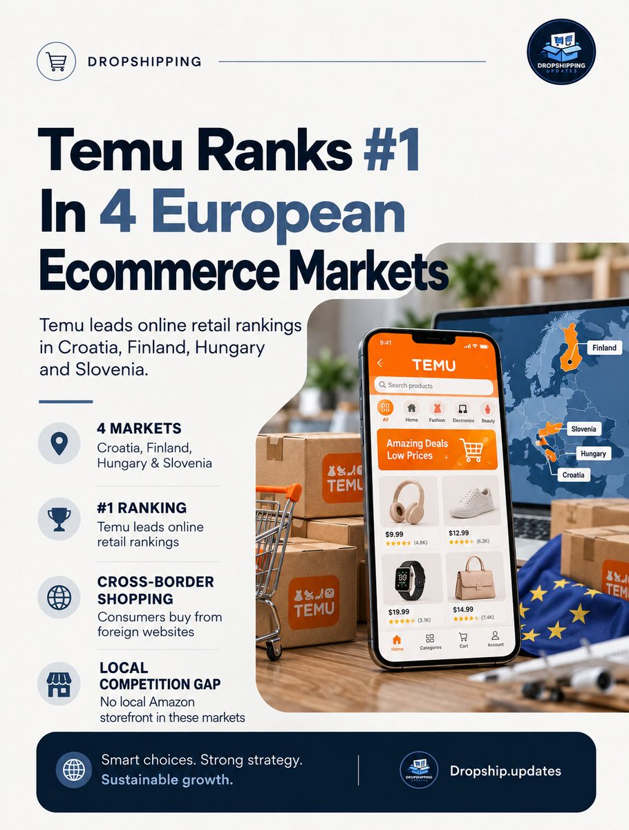 AzkalsGoal's tweet photo. Temu takes the top spot across four European ecommerce markets. 🛍️🌍

#Temu #Ecommerce #OnlineShopping #Retail #BusinessNews https://t.co/rbpBjLsO6H