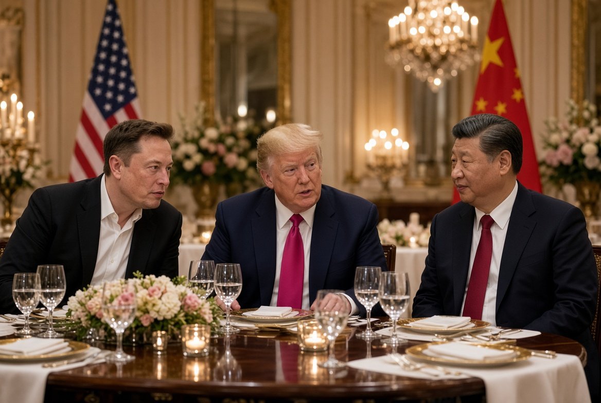 TRUMP_TV_News's tweet photo. SOMETHING BIG IS COMING TONIGHT. 🔥

President Trump. President Xi. Elon Musk. The biggest names in tech and banking all under one roof at the White House State Dinner. 🇺🇸 🍽️

Trump already said it: The entire tech world, the entire banking world, and a lot more will be there.

⚠️ This is not a normal dinner. Watch it all live on TRUMP TV. 

Follow @TRUMP_TV_News  so you don’t miss it.
