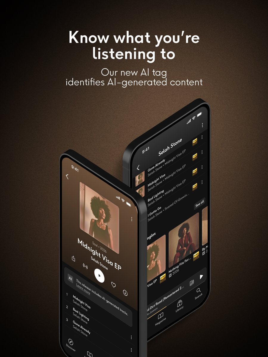 qobuz's tweet photo. We’re proud to announce our new AI tagging system is live.

Qobuz will now display tags to clearly identify AI-generated music, providing full transparency to listeners so they know what they’re listening to and who they’re supporting. https://t.co/d2jt5PxYFk