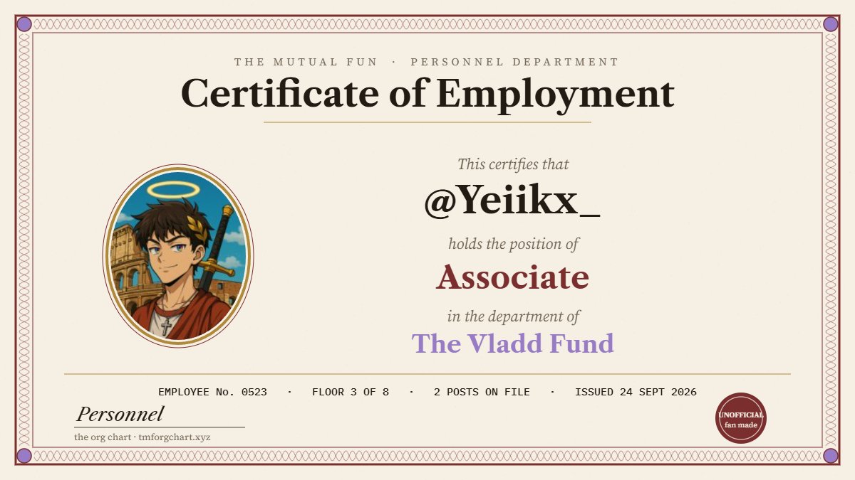 Yeiikx_'s tweet photo. Got my desk at @TheMutualFun: Associate, The Vladd Fund. Employee No. 0523.

every post about TMF puts you somewhere in the building. find your floor:
https://t.co/RNwrlKZGuH https://t.co/ezhJh1myFI