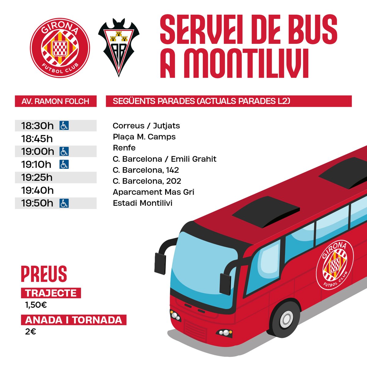 GironaFC's tweet photo. 🚌 Arriba a Montilivi amb bus! 🏟  

🔙 El servei de tornada està compost per autocars que van fent viatges a mesura que es van omplint https://t.co/7gzRcT2Yrw