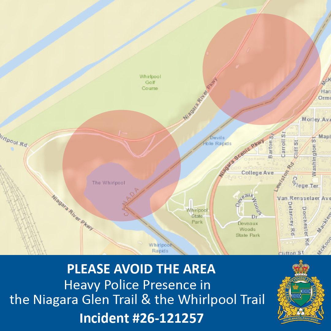 NiagRegPolice's tweet photo. PLEASE AVOID THE AREA - The NRPS and the Niagara Parks Police are currently conducting a police investigation in the area of the Niagara Glen Trail and the Whirlpool Trail. We ask if you are in any of these trails, to please exit the area.
@NiagParksPolice https://t.co/Y8kLifU6Wx