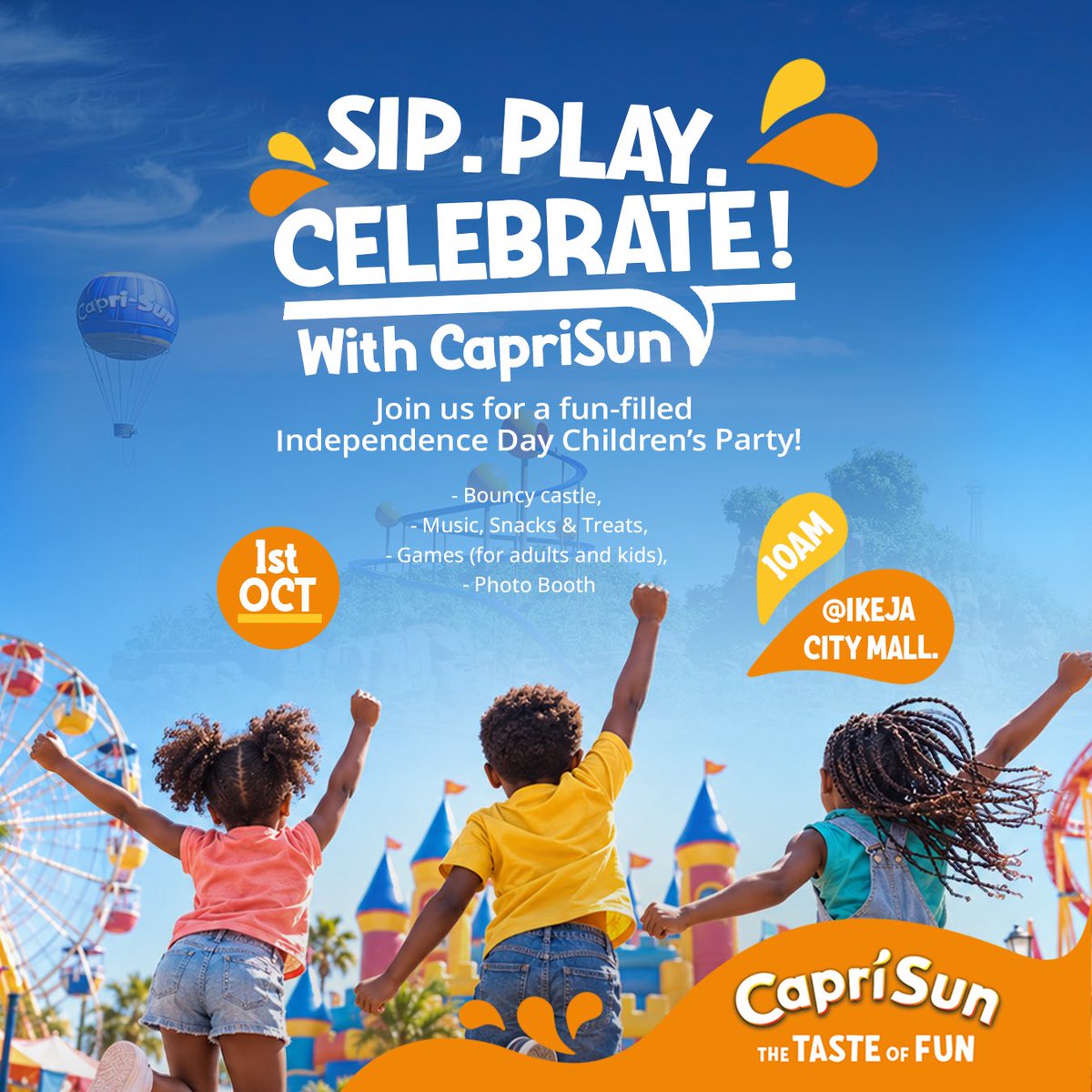 caprisunng's tweet photo. Big fun is coming! 
Get the little ones ready for a day filled with games, exciting surprises, laughter and plenty of fun!

📅 1st October
⏰ 10AM
📍 Ikeja City Mall (ICM)

Bring the little ones. Let’s make it a day to remember! https://t.co/7BAUFeFgFv