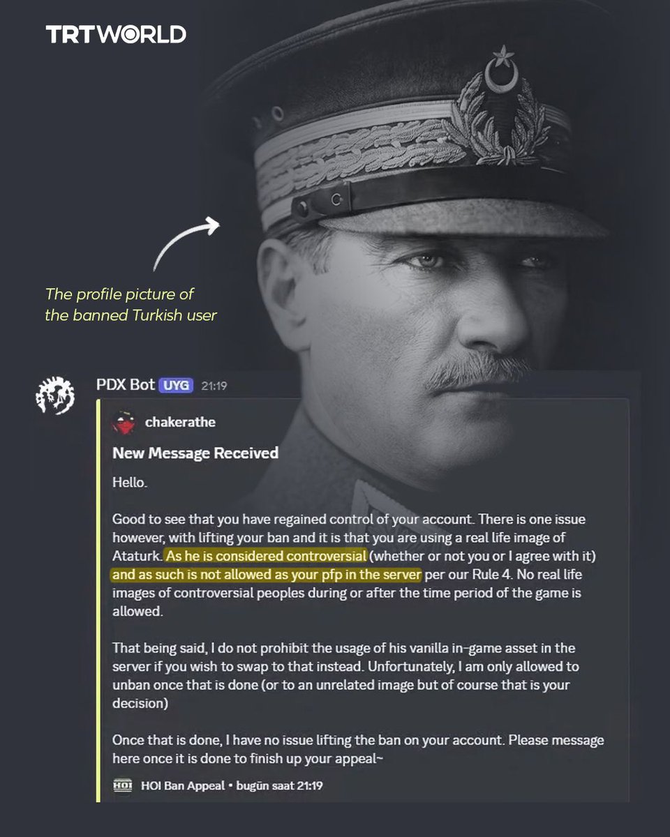 trtworld's tweet photo. Gaming company Paradox Interactive has come under fire after a user was banned from its official Discord server for using a profile picture of Mustafa Kemal Atatürk, the founder of Türkiye https://t.co/6xyUEePHFJ
