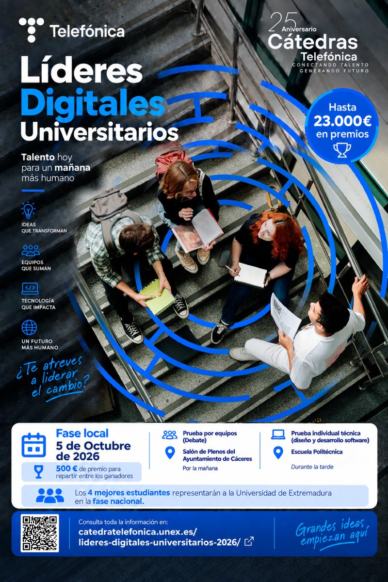 CatedraTEF_UEx's tweet photo. 🚀 ¿Tienes talento para liderar la nueva era digital?

📅 5 de octubre · Cáceres
💻 Hard Skills + 🗣️ Soft Skills + 🏢 Empresa
🏆 23.000 € en premios
🎯 4 estudiantes representarán a la UEx en la final nacional.
👉 https://t.co/x0LLDGReOx
#LDU2026 #UEx https://t.co/VfKHQSz1K0