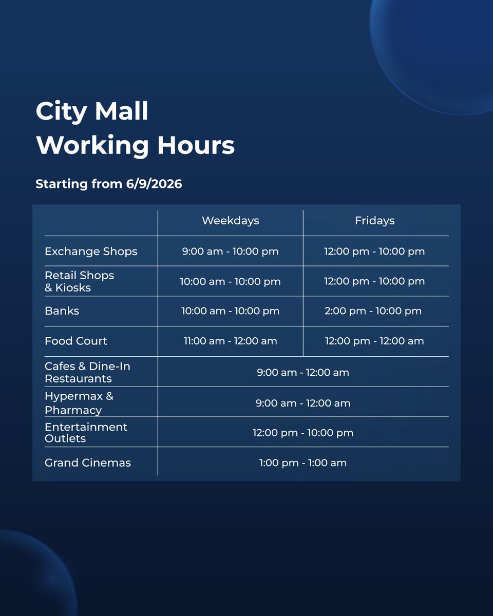 CityMallJo's tweet photo. Our working hours, can’t wait to see you! 🤍

  ساعات عمل المول
 بنستناكم! 🤍 

 #CityMall https://t.co/XwmjbhdN4s