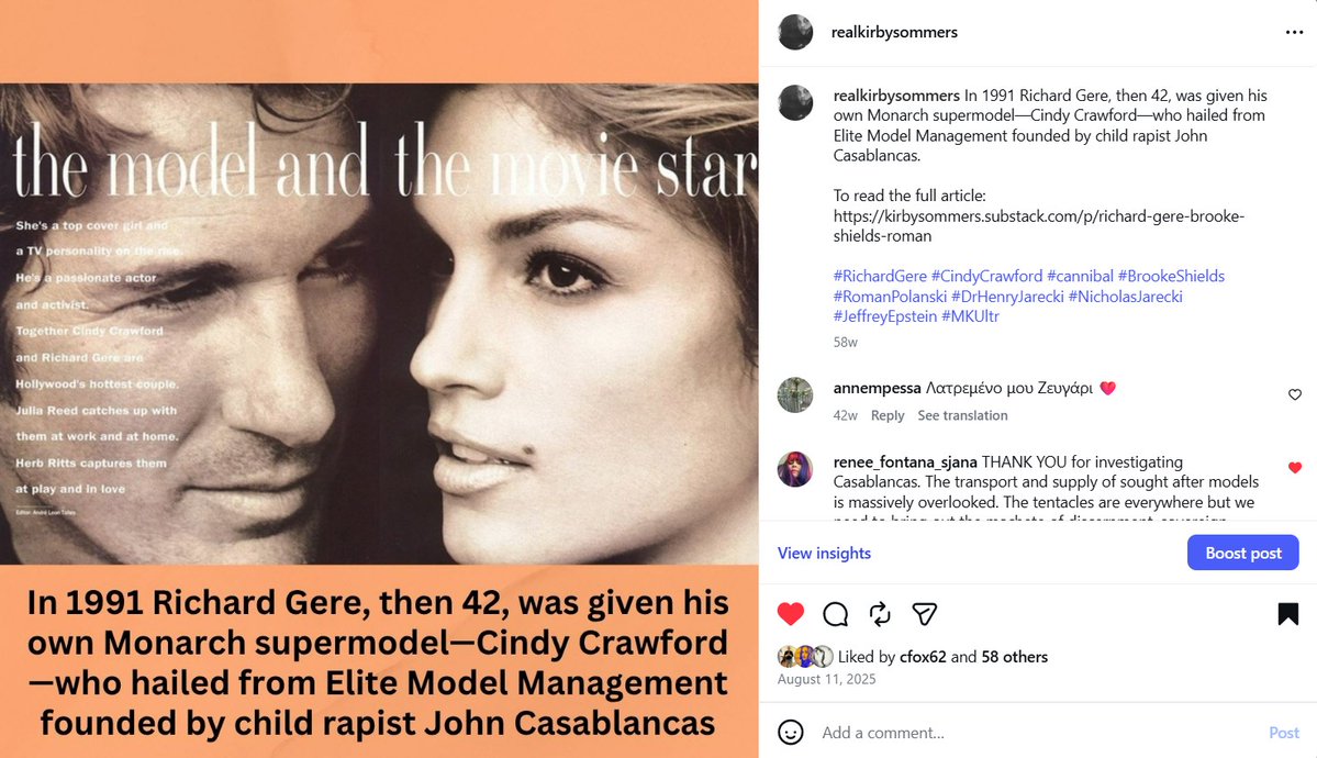 LandlordLinks's tweet photo. In 1991 Richard Gere, then 42, was given his own Monarch supermodel—Cindy Crawford—who hailed from Elite Model Management founded by child rapist John Casablancas. https://t.co/9d5D3fRnOw
