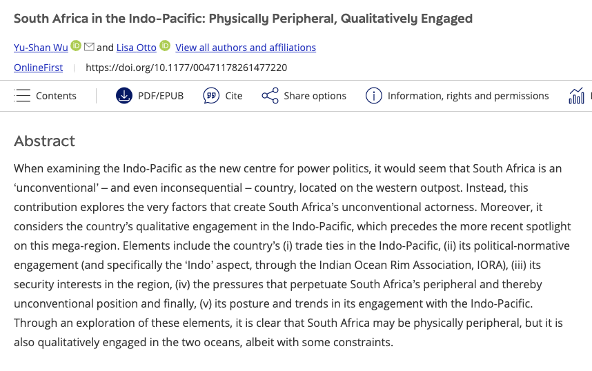 IntRelationsJ's tweet photo. New online first article available #OpenAccess:

South Africa in the Indo-Pacific: Physically Peripheral, Qualitatively Engaged

Authored by Yu-Shan Wu and Lisa Otto

⤵️⤵️⤵️
https://t.co/vZM7bNgW8h https://t.co/uKrBU4SPy3