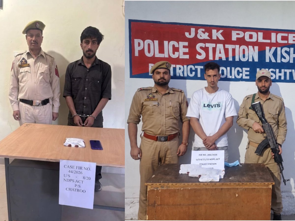SSPKishtwar's tweet photo. #KISHTWAR POLICE #ARRESTED TWO #DRUG PEDDLERS, #CHARAS-LIKE SUBSTANCE & #SCHEDULED DRUGS #RECOVERED*

Kishtwar, 24 September 2026:

Continuing its intensified drive against drug trafficking and substance abuse, Kishtwar Police arrested two drug peddlers in two separate incidents and recovered contraband substances from their possession.

Police Post Mughalmaidan, during routine patrolling at Pranzil Sigdi, apprehended Mohd Waris S/o Mohd Rafiq R/o Pehalgam Sigdi, Kishtwar. Upon his search, charas-like substance was recovered from his possession.

In this connection, FIR No. 44/2026 U/S 8/20 NDPS Act has been registered at Police Station Chatroo and investigation has been set into motion.

In another incident, a police team during patrolling and vehicle-checking duty near BVM School, Kishtwar, intercepted a suspicious person riding a blue-coloured scooty. The rider, identified as Mohd Waris S/o Mohd Tageem R/o Kichloo Mohalla, Kishtwar, was apprehended. During his search, 123 Proxiohm-Spas tablets were recovered from his possession.

Accordingly, FIR No. 206/2026 U/S 8/21/22 NDPS Act has been registered and investigation has been set into motion.

Kishtwar Police reiterates its commitment to taking firm and sustained action against drug trafficking and those involved in the illegal trade of narcotic and psychotropic substances.
@JmuKmrPolice 
@igp_jammu 
@ZPHQJammu 
@rphqdkr_jkp