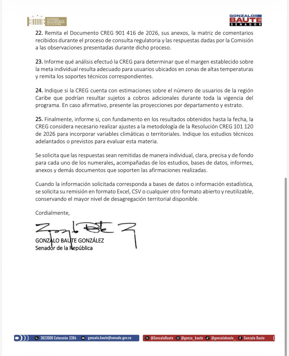 GonzaloBaute's tweet photo. El pasado 2 de septiembre nos pronunciamos contra la resolución 101/120 de la @comisioncreg . Posterior a ese día, varias voces se han ido sumando a nuestra preocupación. 

Tanto que ayer acompañamos la citación que hizo la Comisión de Ordenamiento Territorial del Senado para revisar la crisis energética en el país.

Ayer envié una solicitud formal a la Comisión de Regulación para que nos explique cómo se sustentó el acto administrativo que ya lleva 24 días vigente y además, nos entregue un balance preliminar de la puesta en marcha de la misma.