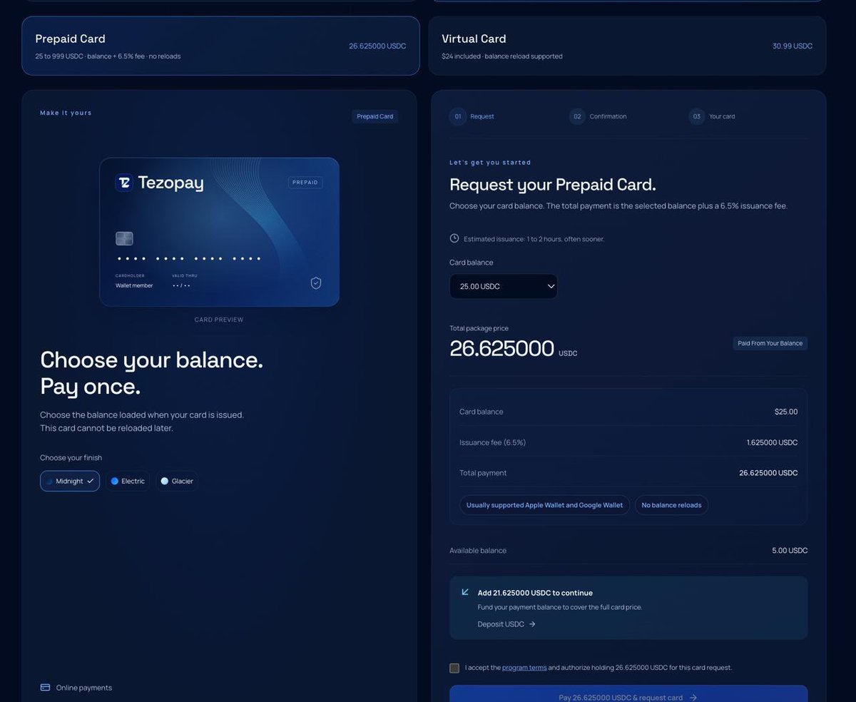 TezoPay's tweet photo. Now you can choose how you want to spend with TezoPay.

Prepaid Card choose your balance, pay once, and spend.

Virtual Card reloadable and built for ongoing use.

Pick the card that fits you. https://t.co/rSSlntem4h